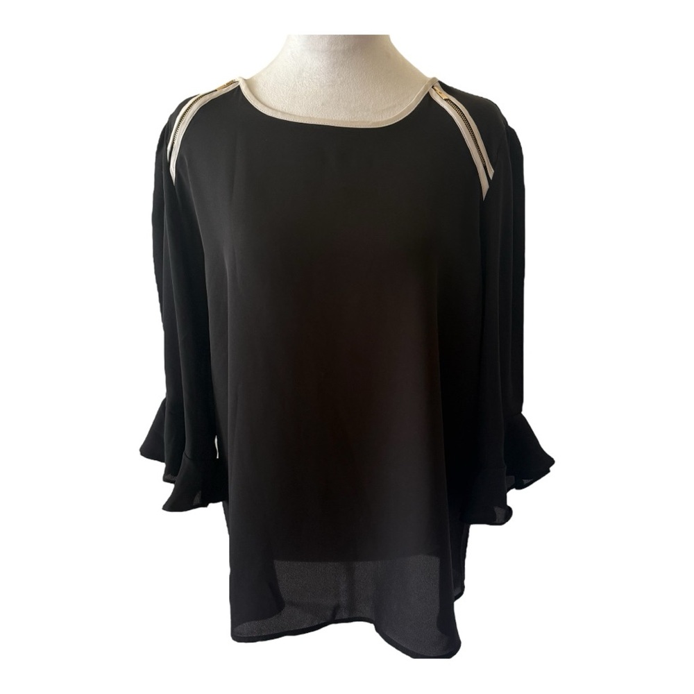 NEW New York & Company Black Bell Sleeve Ruffle Blouse Top Size M - Picture 3 of 11